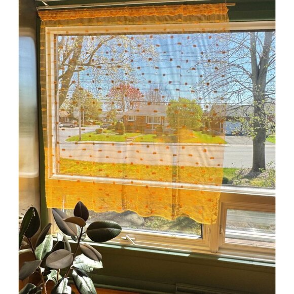 Vintage 70s curtain, orange, groovy geometric mesh, rod heading, single panel - Picture 1 of 8